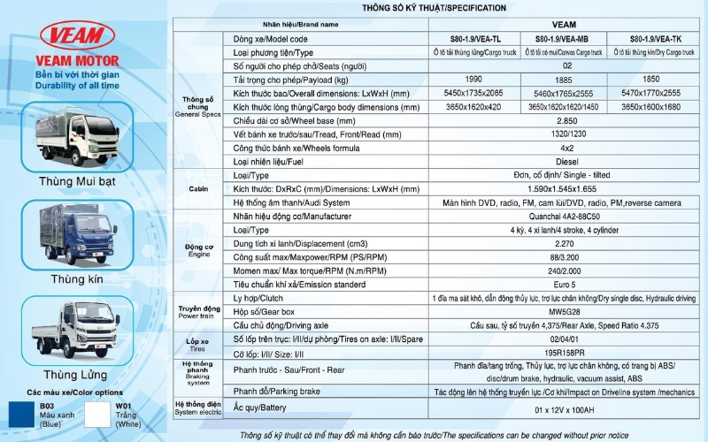 Thông số kỹ thuật xe tải Veam 1.9 tấn S80